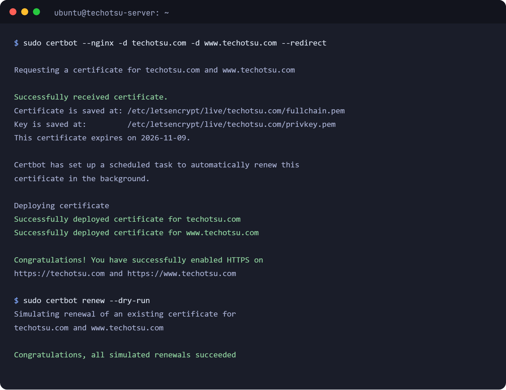 Terminal screenshot of certbot issuing a real Let's Encrypt certificate for techotsu.com