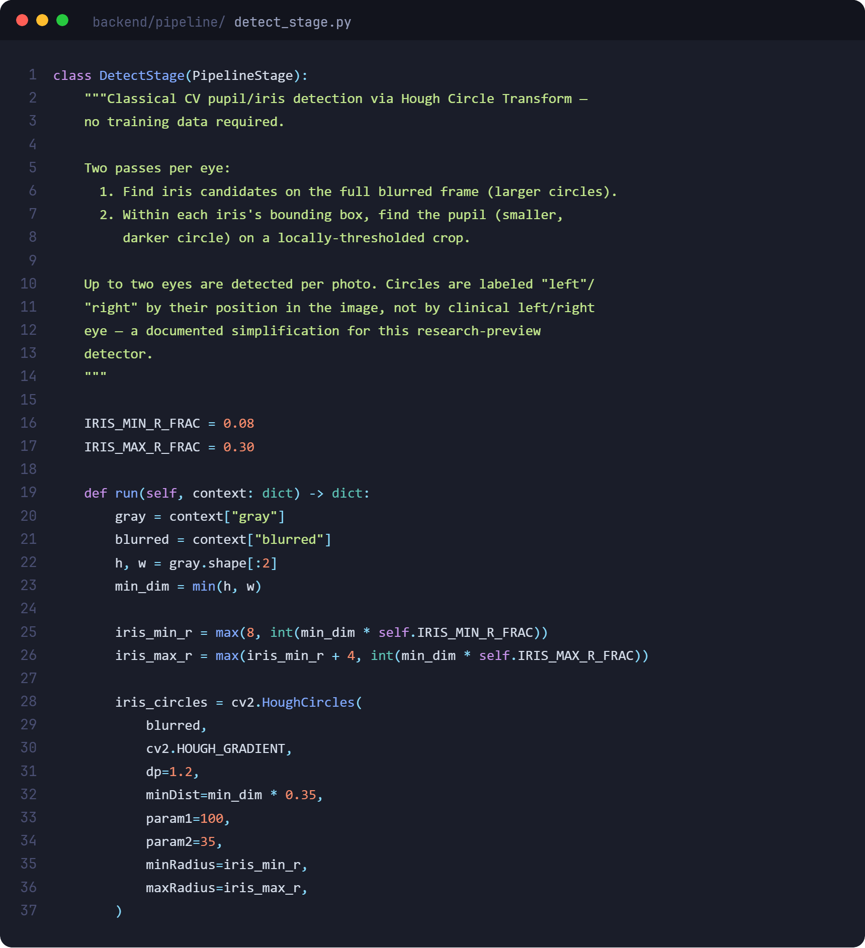 Screenshot of detect_stage.py showing the pupil/iris detection stage