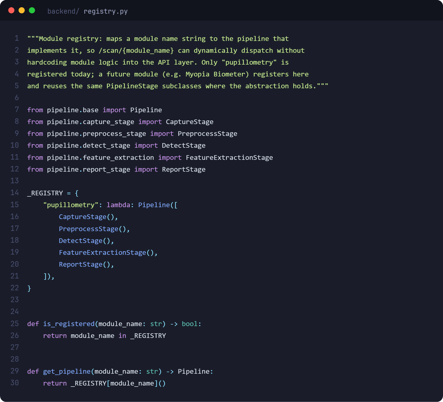 Screenshot of registry.py, the module registry that maps a module name to its pipeline of stages
