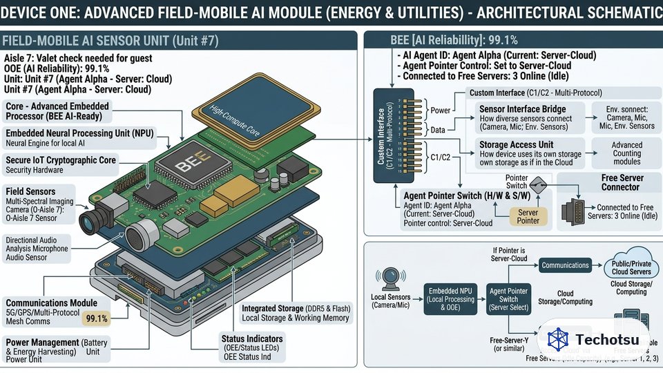 Illustrative concept schematic exploring a possible field-mobile AI module for energy and utilities — a speculative sketch, not an existing or planned Techotsu hardware product