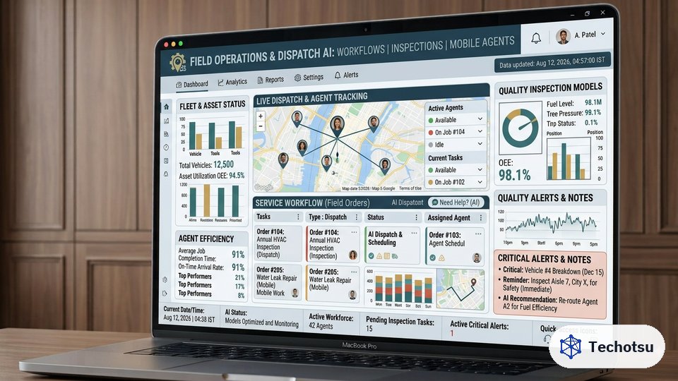 Concept visualization of a Techotsu field operations and dispatch dashboard — illustrative, not a real deployment