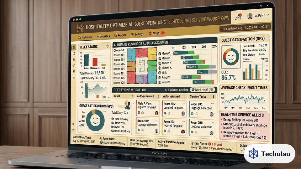 Concept visualization of a Techotsu hospitality operations dashboard — illustrative, not a real deployment